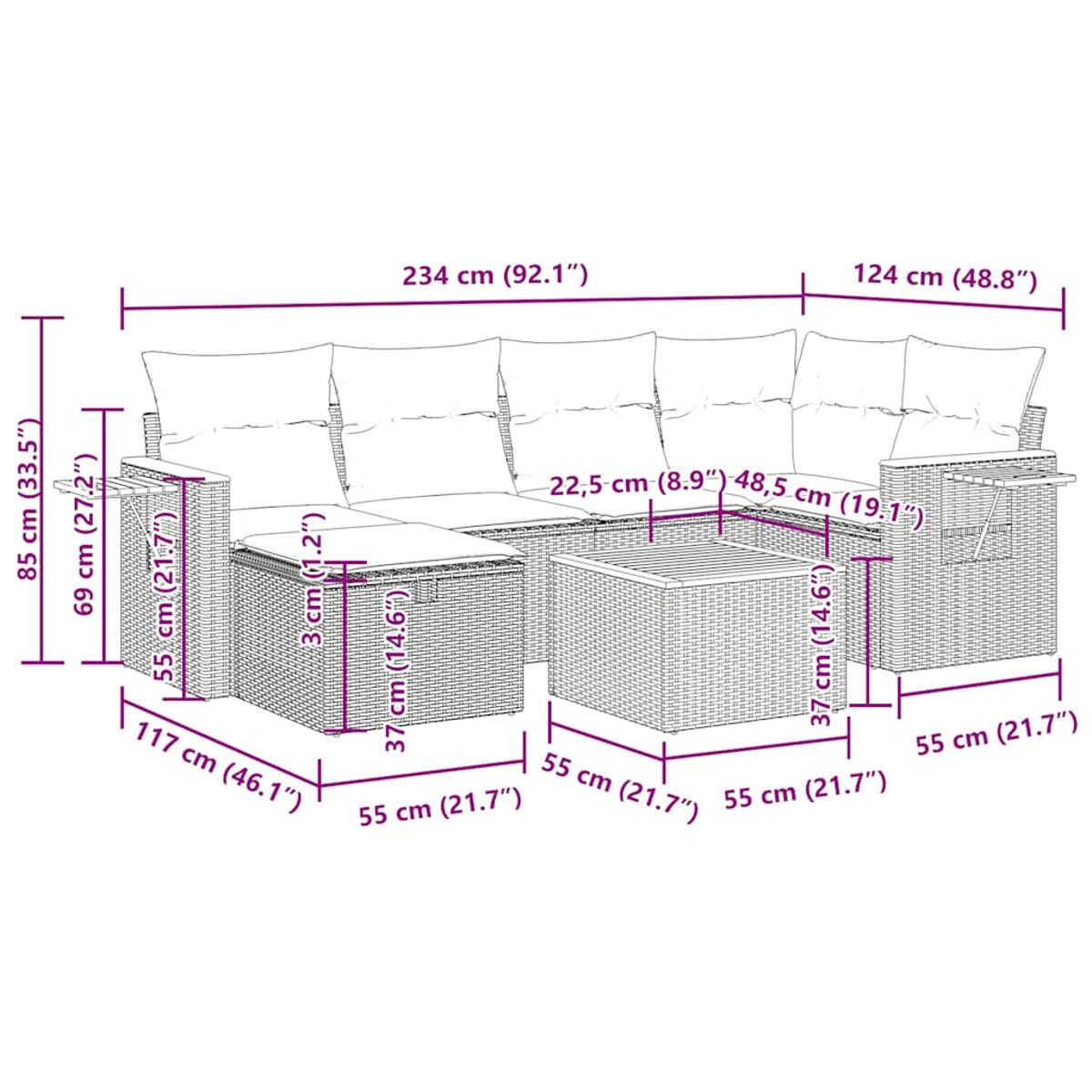 Diagramma del set di mobili da esterno. Mostra le dimensioni di ogni pezzo: divano, tavolo e due tavolini.
