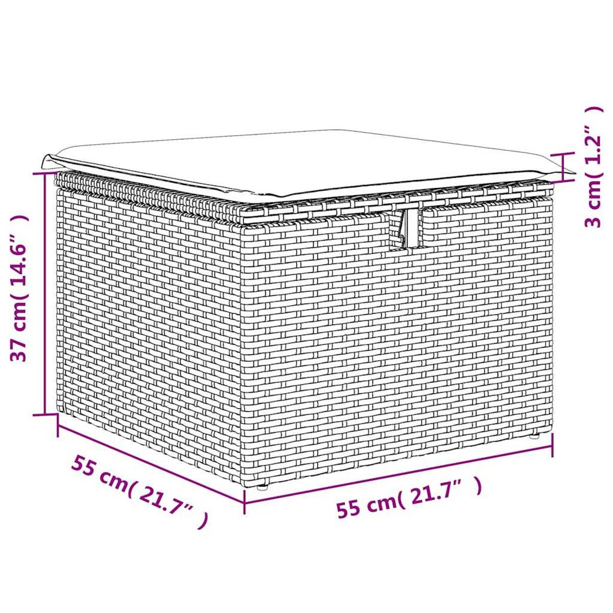 Pouff contenitore in rattan con cuscino. Rattan marrone e cuscino bianco. Sfondo bianco.
