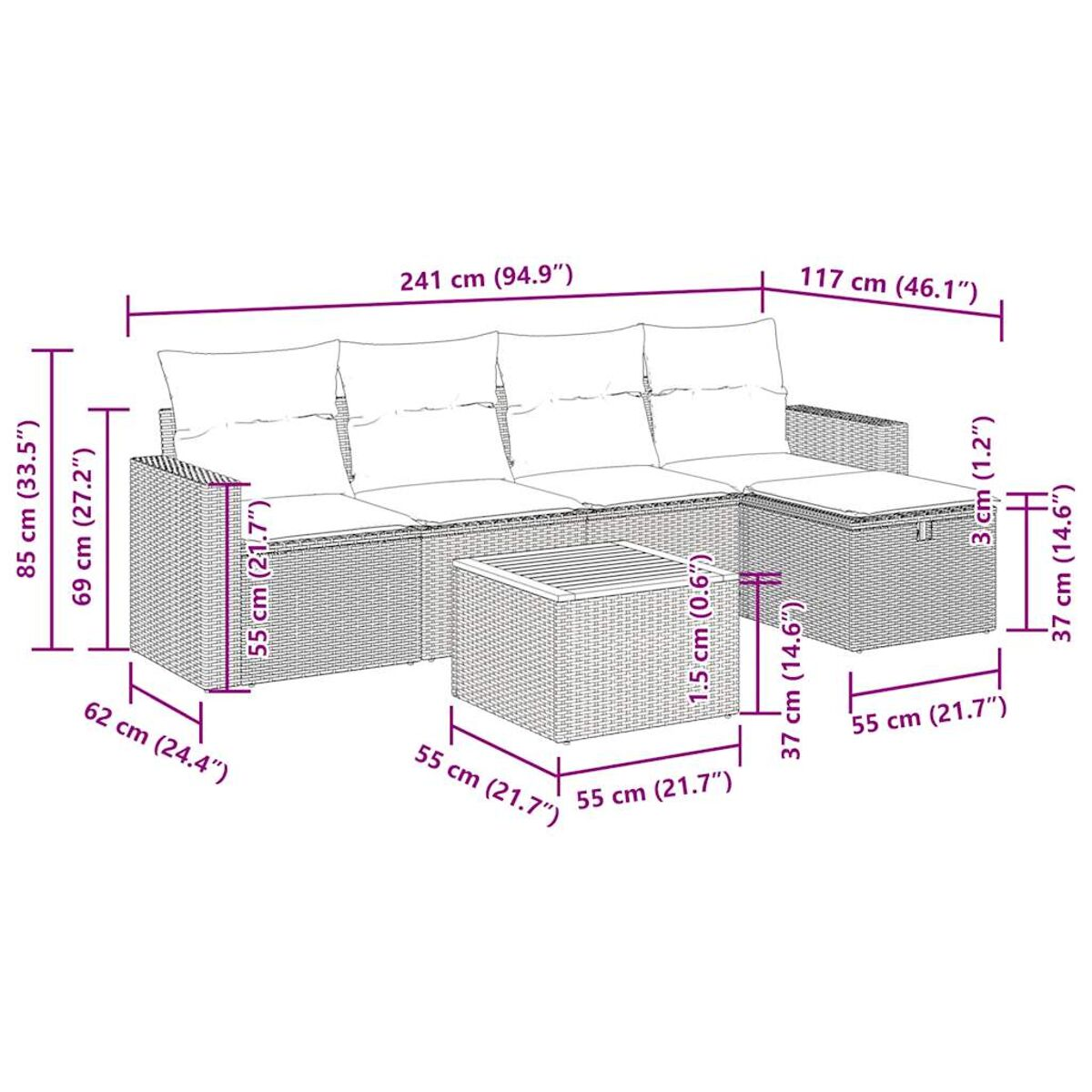 Set divani in rattan con dimensioni. Include un divano angolare e un tavolo quadrato. Misure in centimetri.