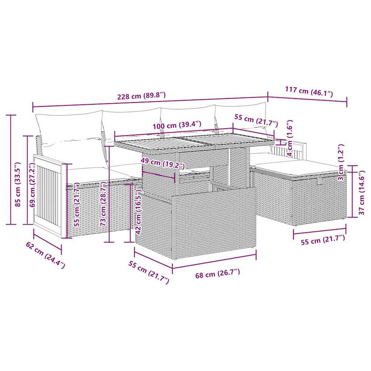 Diagramma di un divano componibile da esterno con dimensioni in cm e pollici.