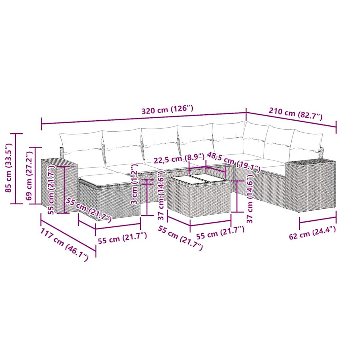 Ein Diagramm eines großen Ecksofas im Freien mit Abmessungen in cm und Zoll.