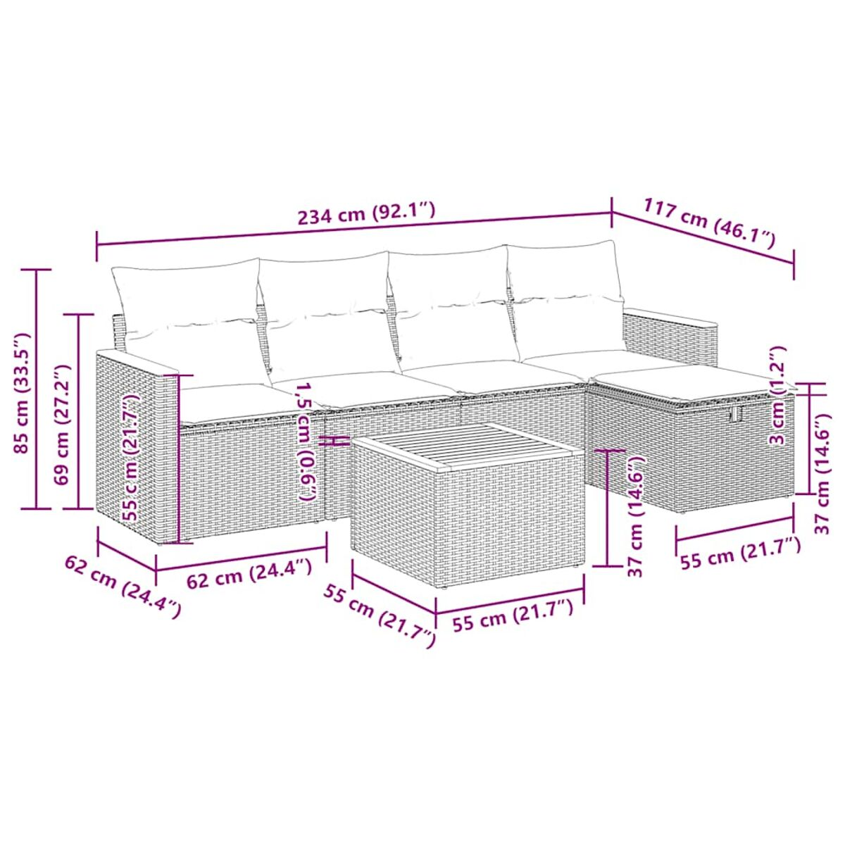Set di mobili da esterno in rattan con dimensioni etichettate. Include un divano e un tavolo. Sfondo bianco.