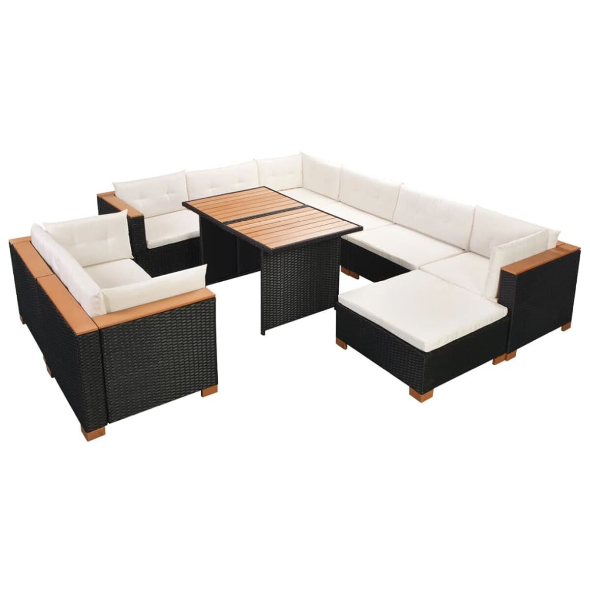 Outdoor-Ecksofa aus Korbgeflecht mit Holztisch. Weiße Kissen. Schwarzes Geflecht mit Holzarmlehnen.