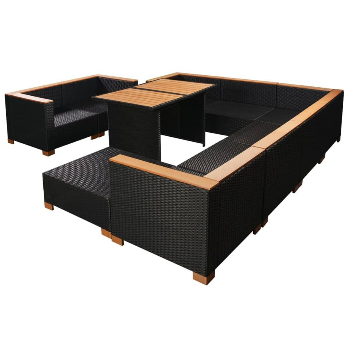 Gartenmöbel-Set mit Tisch und Stühlen. Schwarzer Korb und Holzakzente.