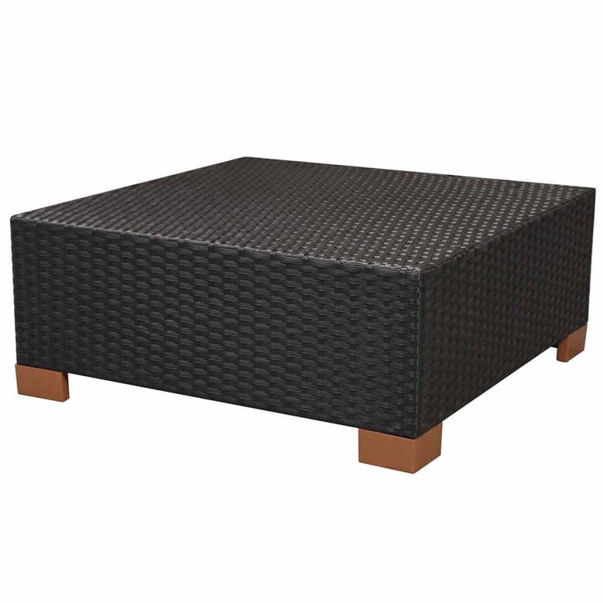 Schwarzer quadratischer Couchtisch aus Korbgeflecht mit braunen Beinen.