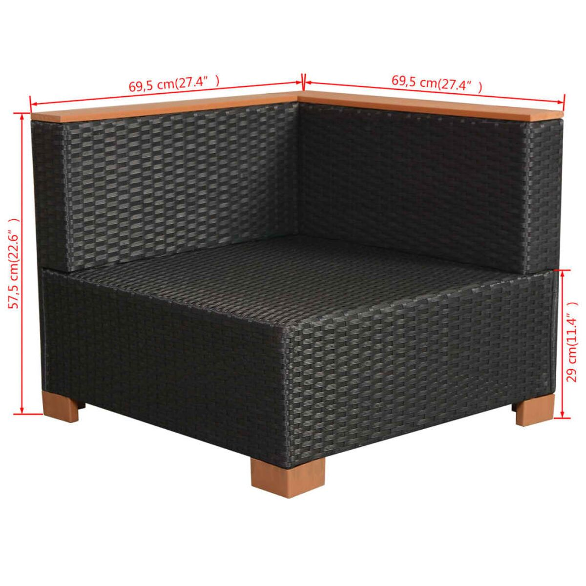 Schwarzer Outdoor-Korbstuhl mit Holzarmlehnen. Der Stuhl hat ein gewebtes Muster an den Seiten.