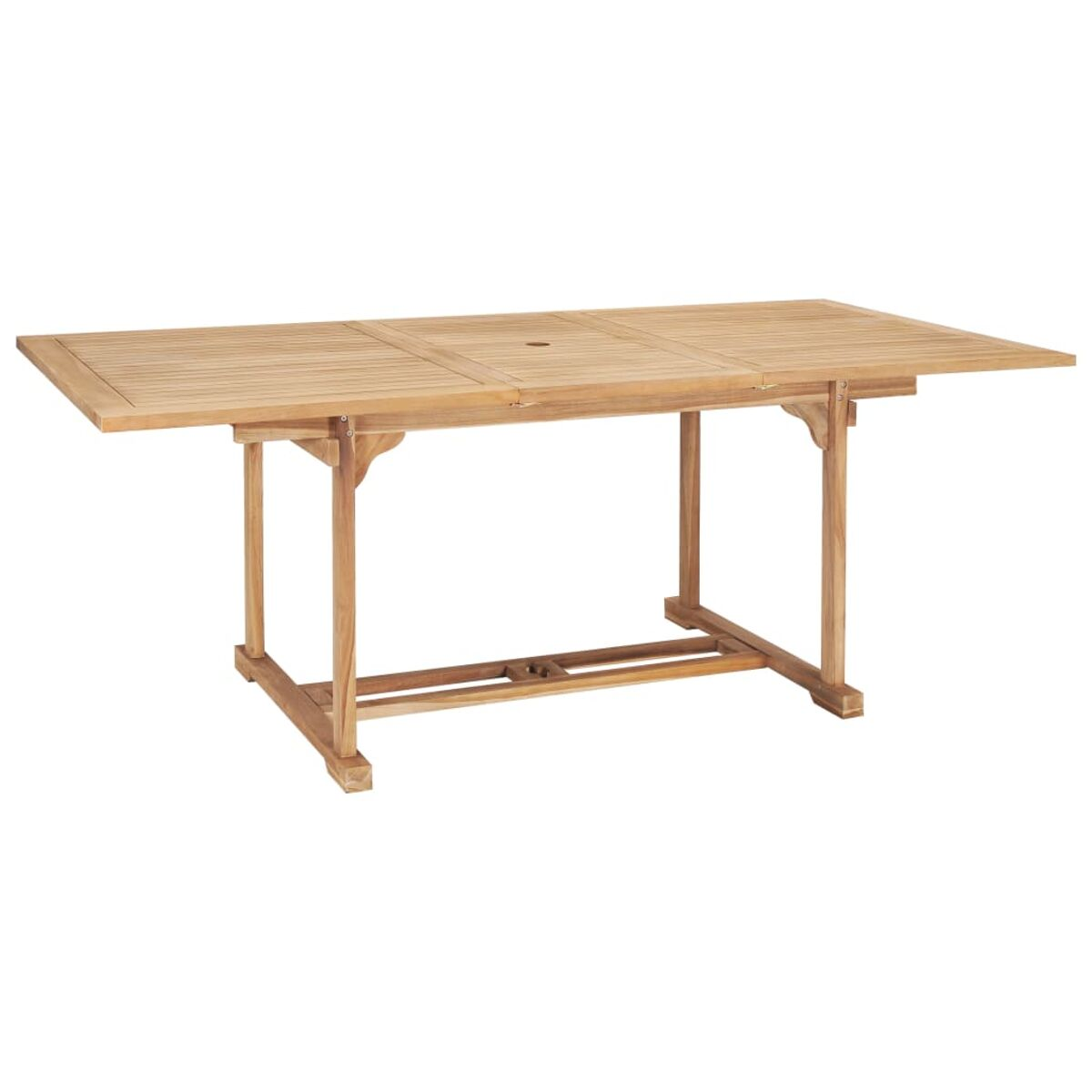 Ein hellbrauner rechteckiger Holztisch mit einer Öffnung in der Mitte. Beine an jedem Ende.