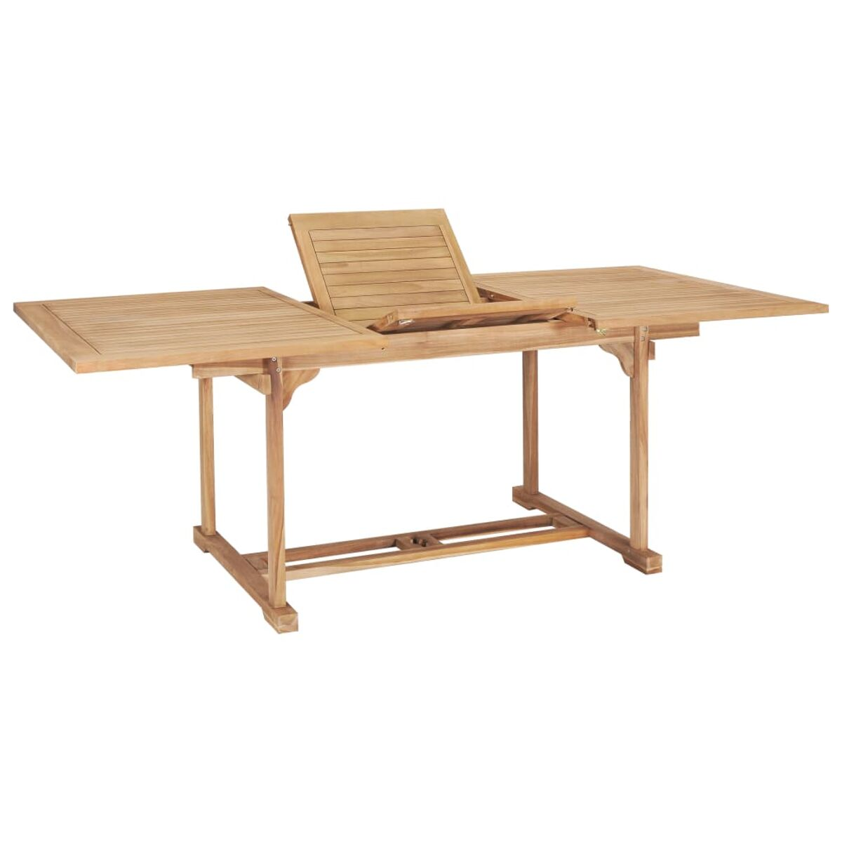 Holz-Außentisch mit Klappblatt. Der Tisch ist braun, mit weißem Hintergrund.