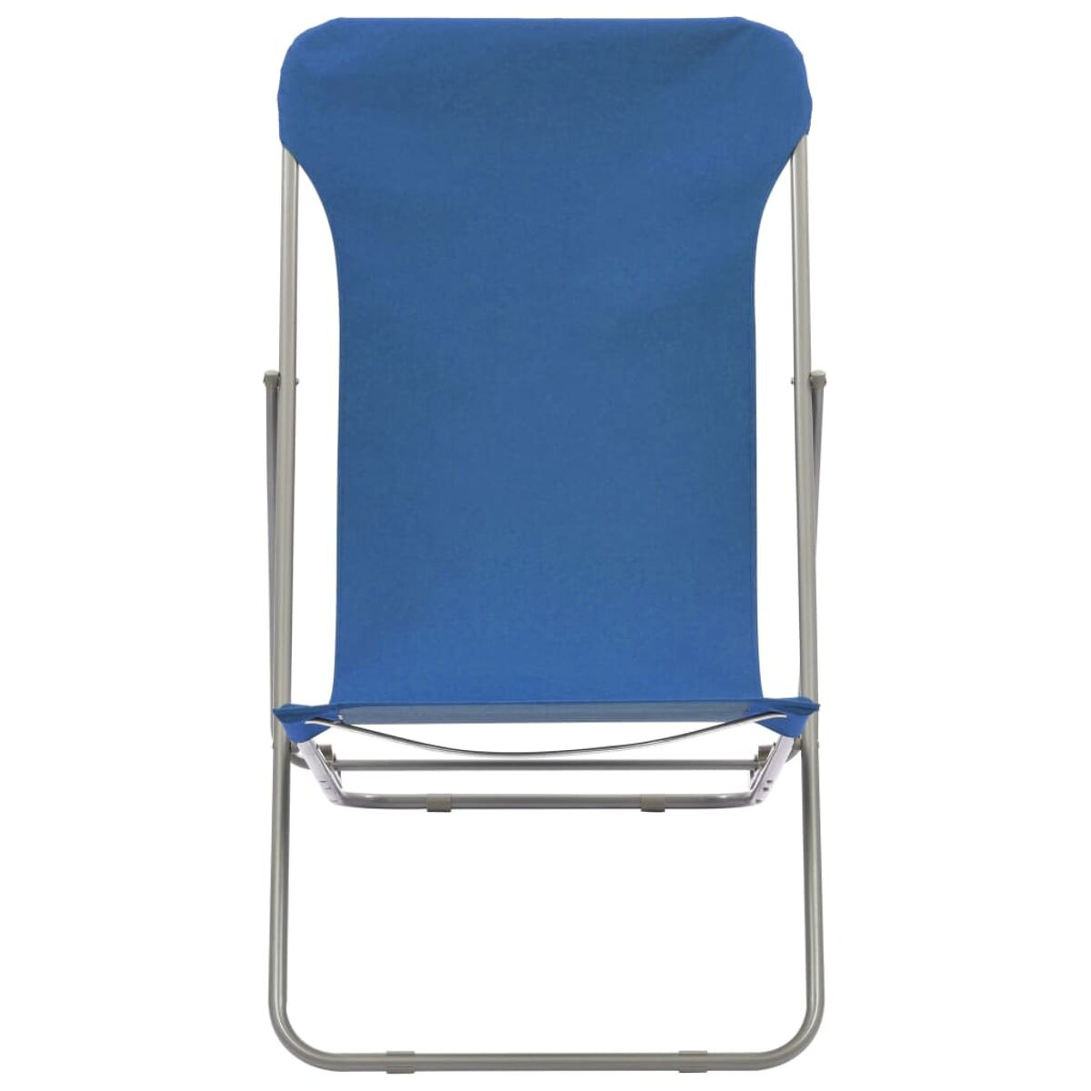 Blauer Klappstuhl mit Metallrahmen, von vorne betrachtet.