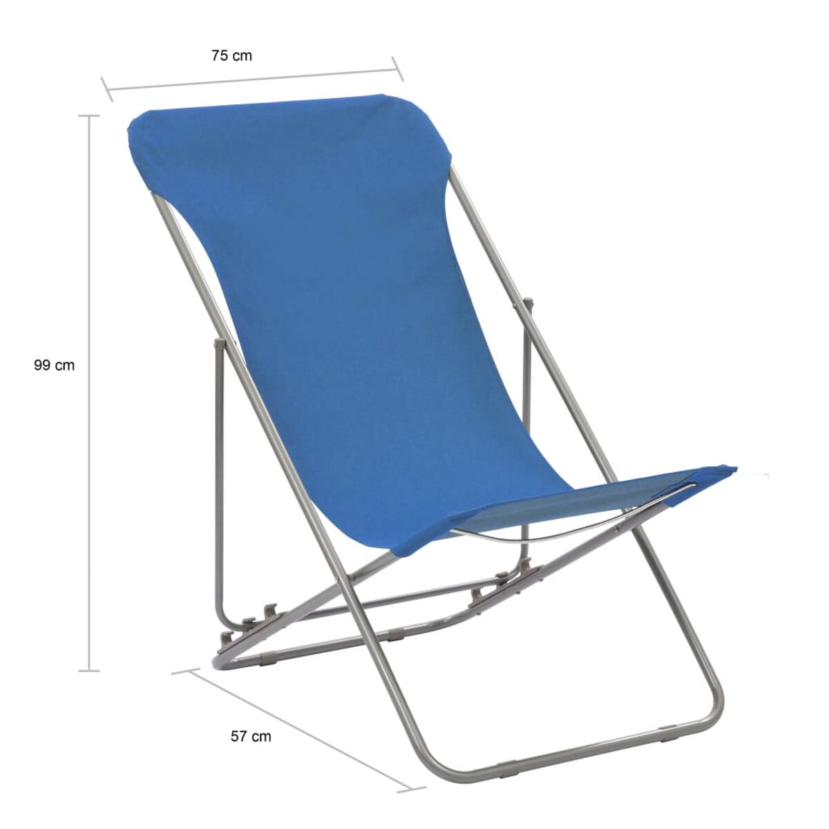Blauer Klapp-Strandstuhl. Verfügt über einen blauen Stoffbezug und ein silbernes Metallgestell. Abmessungen sind angegeben.