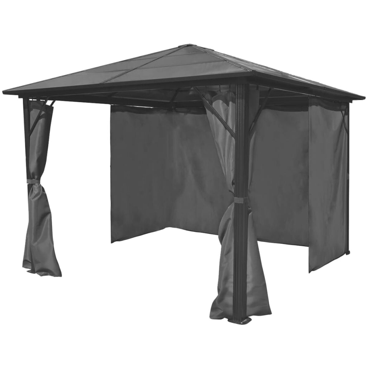 Ein grauer Pavillon mit schwarzem Rahmen und Vorhängen wird vor weißem Hintergrund gezeigt.