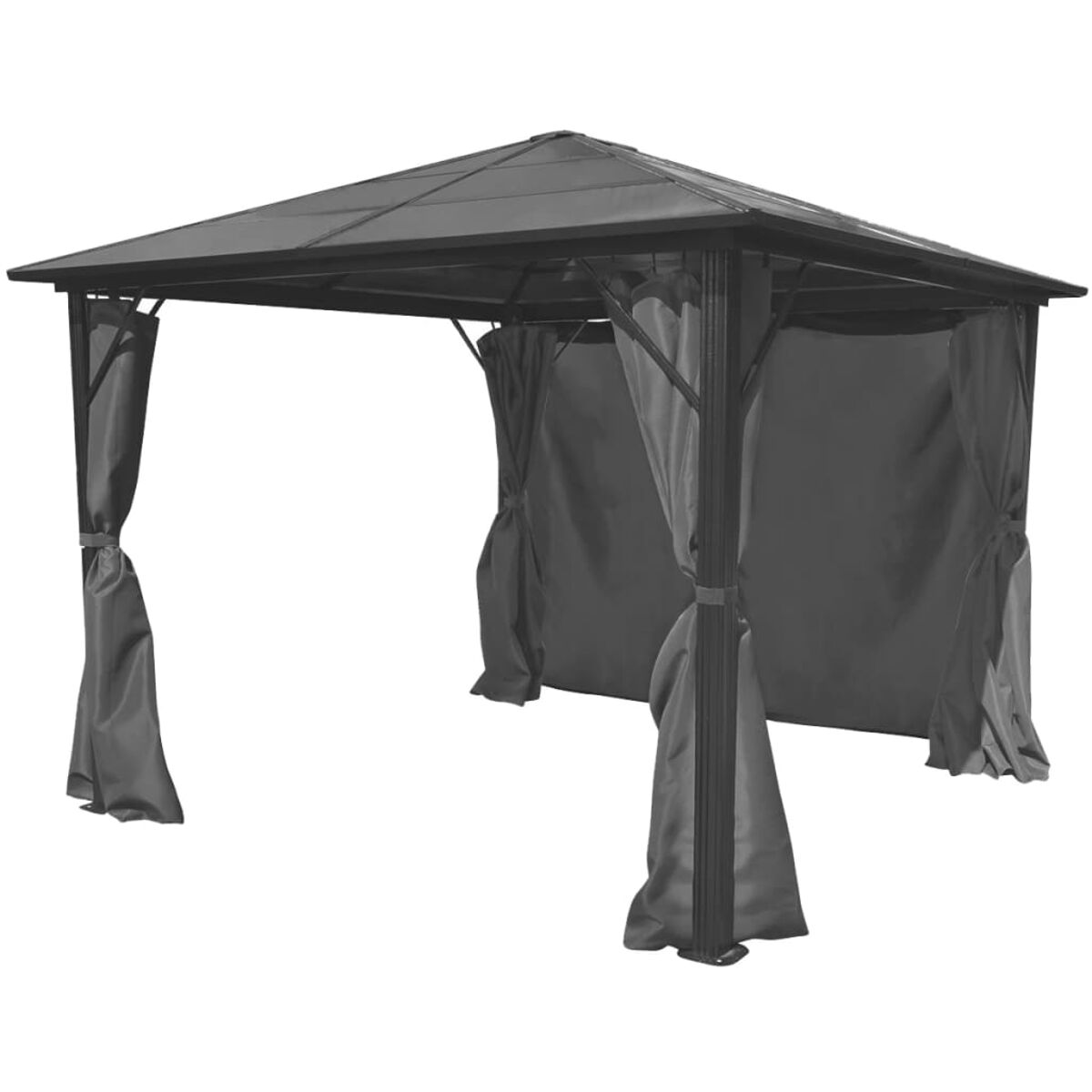 Grauer Pavillon mit schwarzem Dach. Vorhänge sind an den Seiten drapiert.