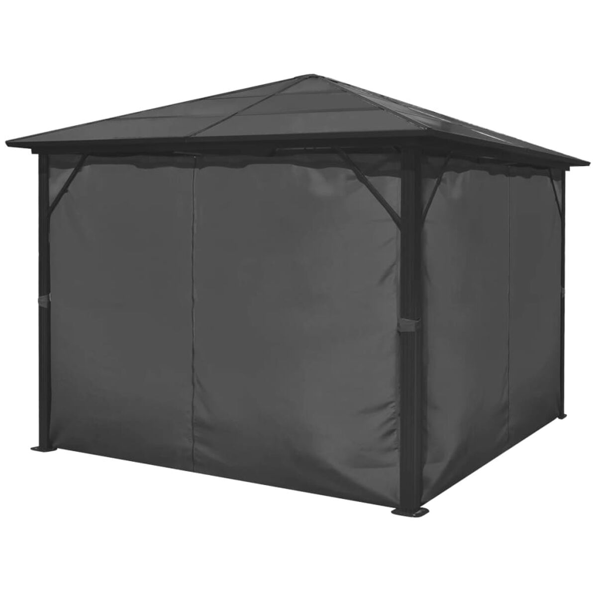 Dunkelgrauer Pavillon mit Vorhängen, vor weißem Hintergrund.