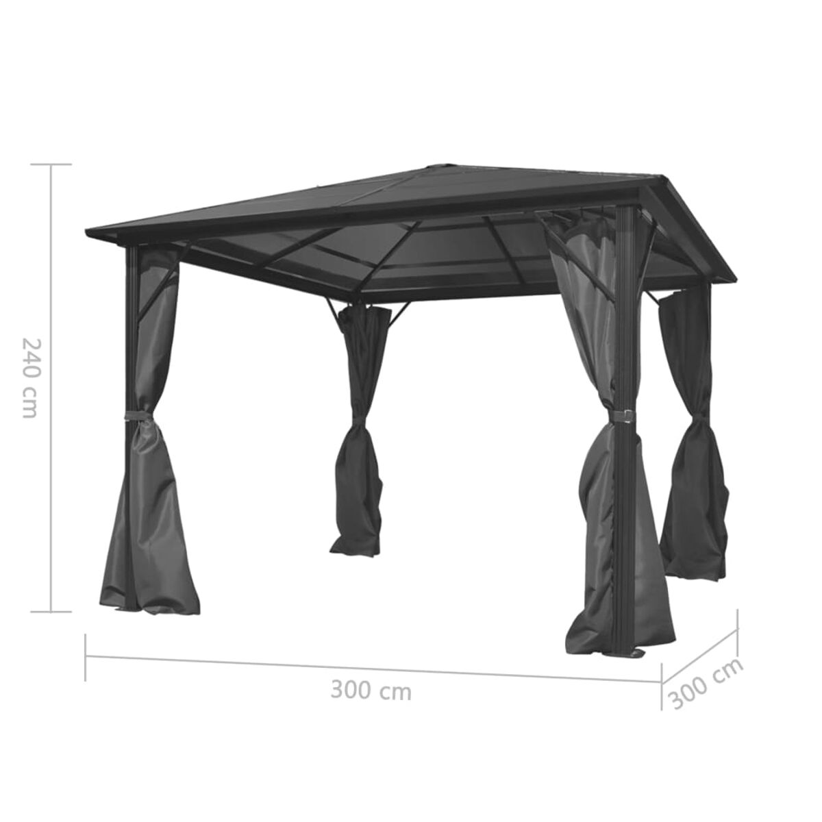 Schwarzer Pavillon mit Abmessungen und grauen Vorhängen.