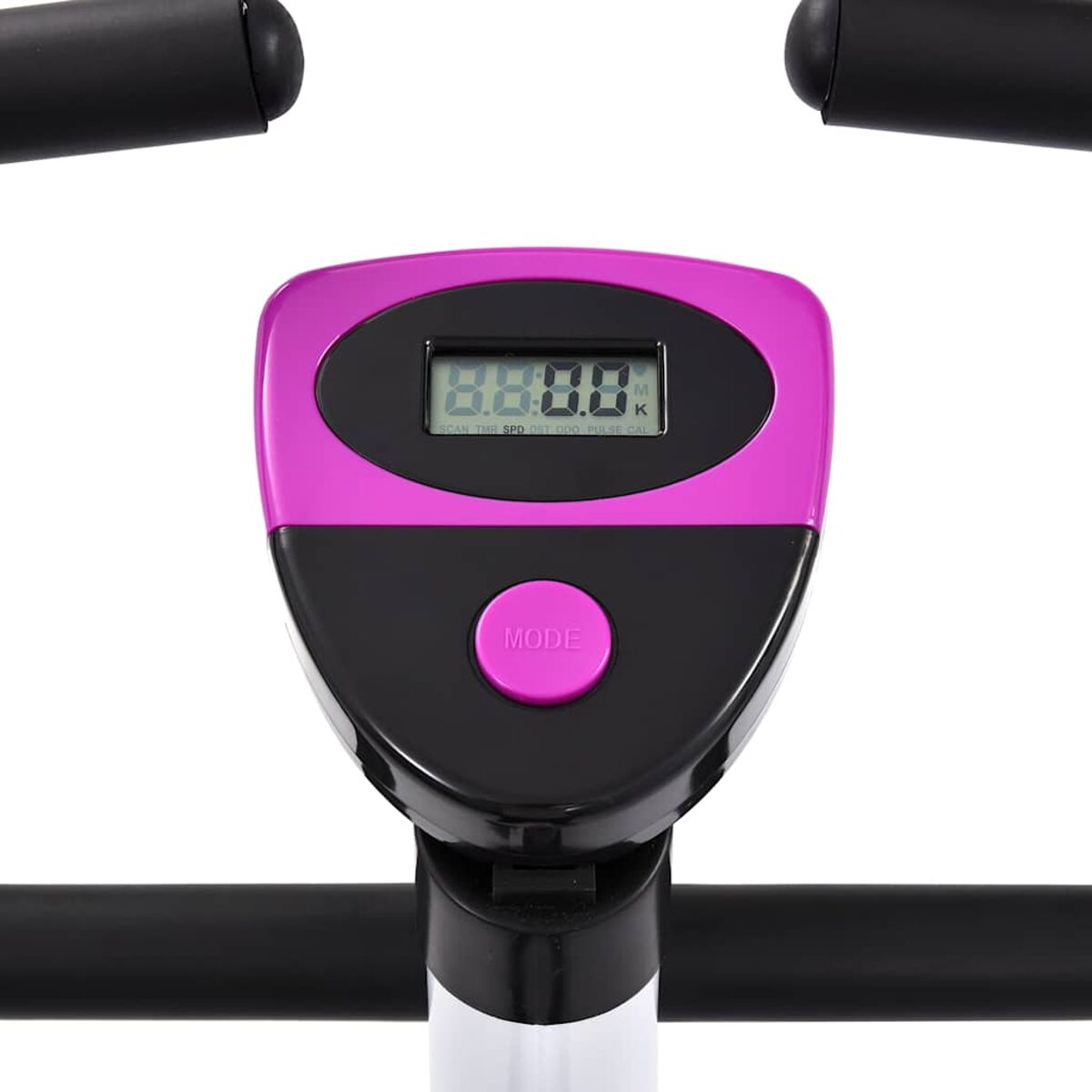 Ergometer-Konsole mit Digitalanzeige für Geschwindigkeit, Zeit und Distanz.