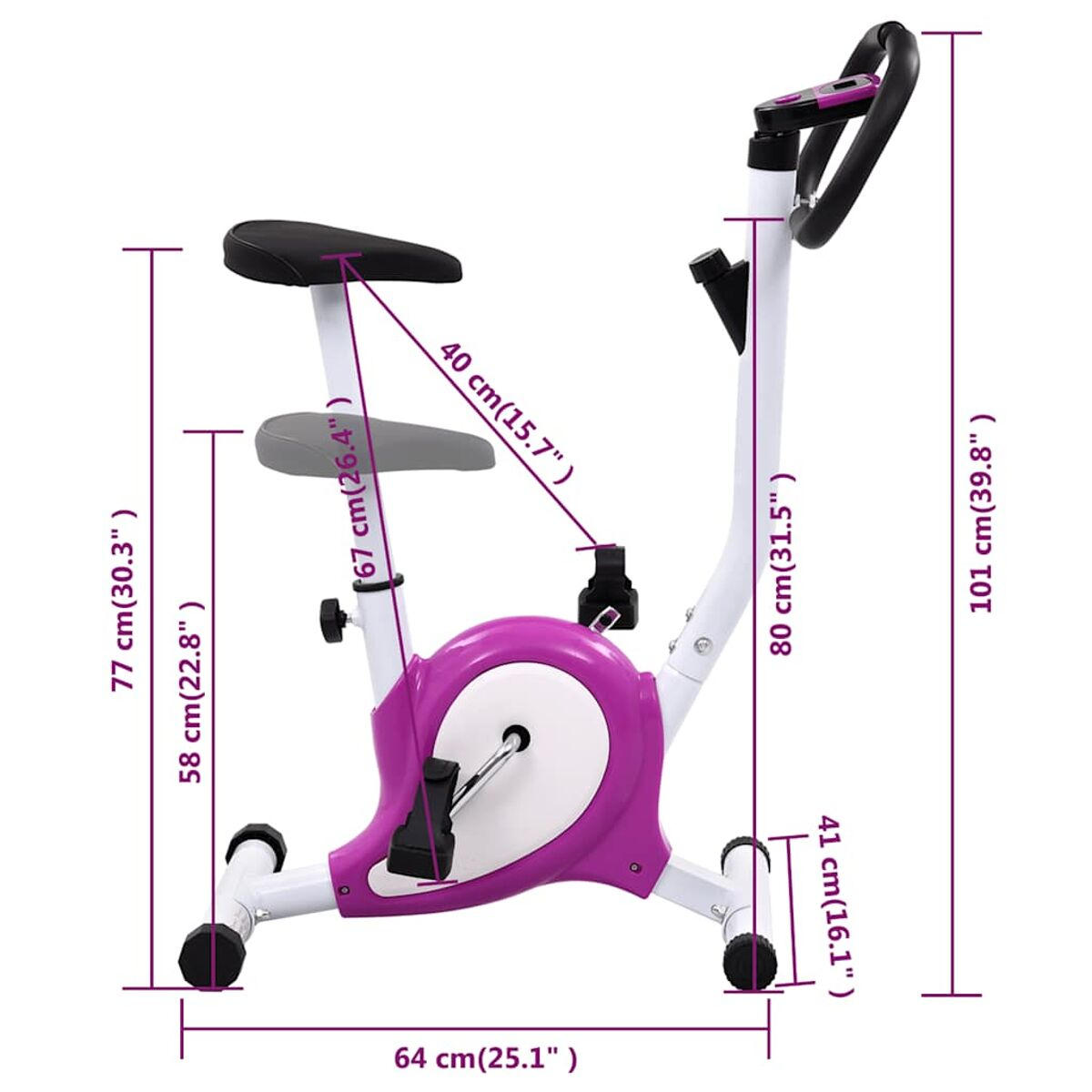 Ergometer mit Abmessungen. Lila Rahmen, schwarzer Sitz und Griffe. Weißer Hintergrund.