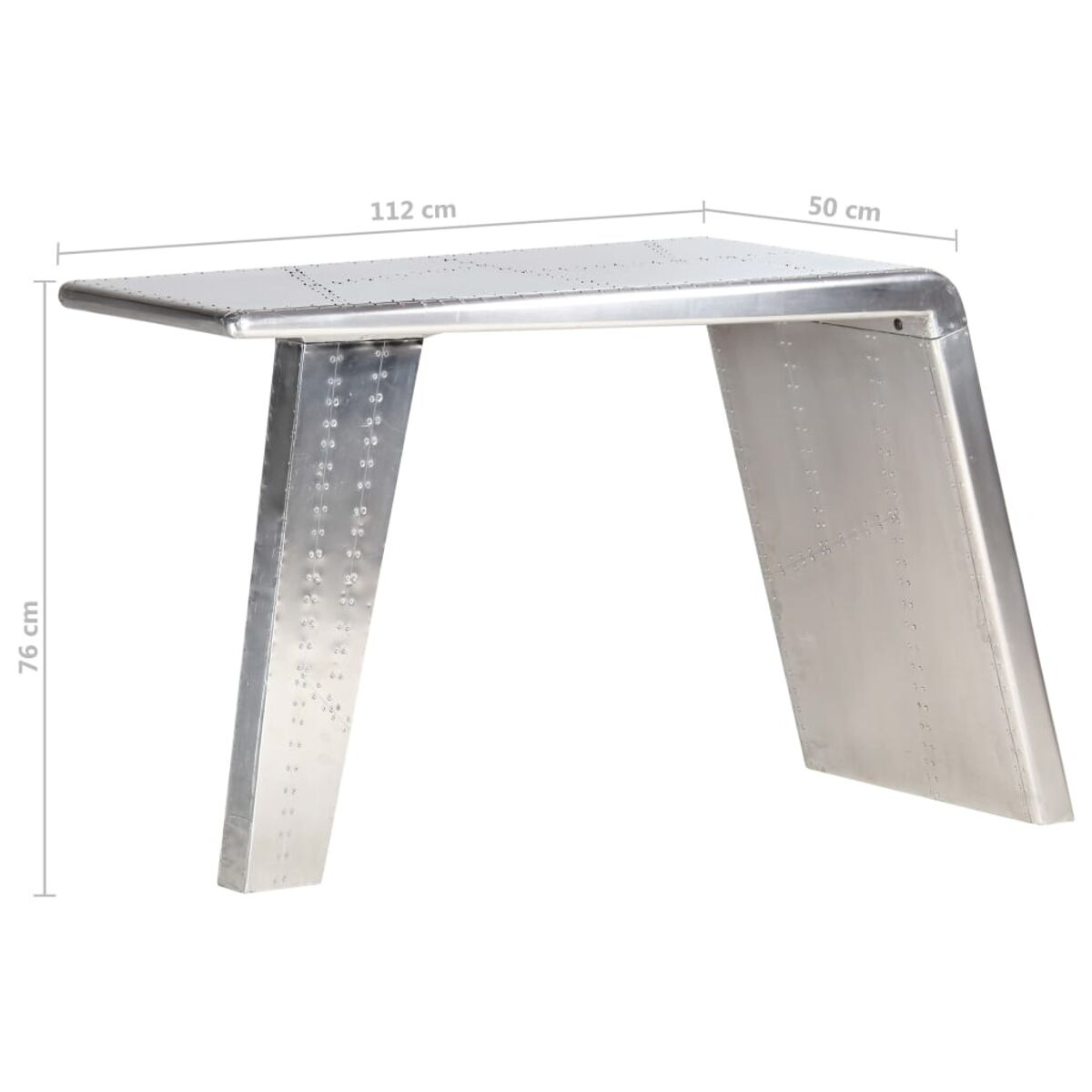 Ein silberner Metalltisch mit geschwungenem Design und Maßen.