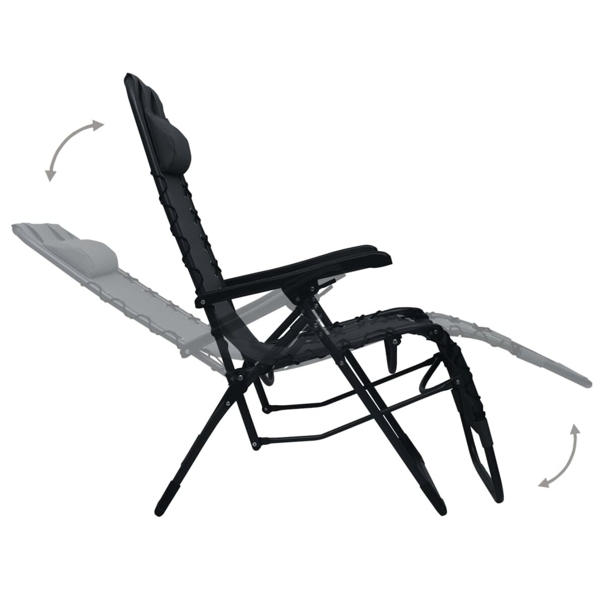 Liegestuhl in schwarzer Farbe. Der Stuhl befindet sich in einer Neigungsbewegung. Weißer Hintergrund. Pfeile zeigen die Bewegung an.