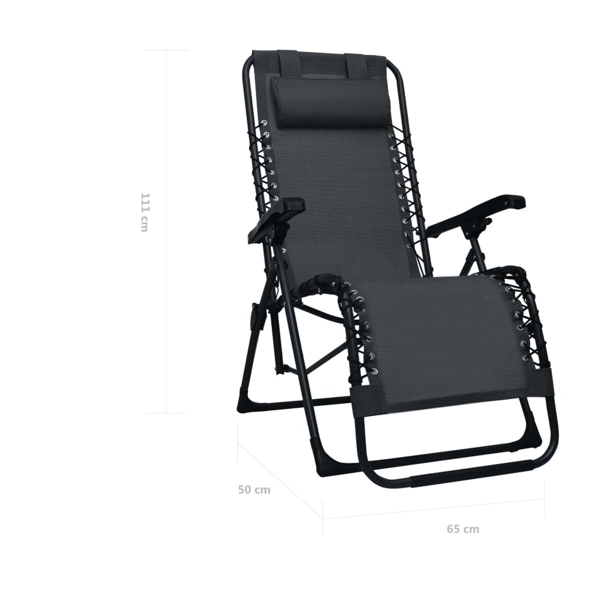 Schwarzer Zero-Gravity-Stuhl mit Kopfstütze. Der Stuhl ist zurückgelehnt und hat Maßangaben.