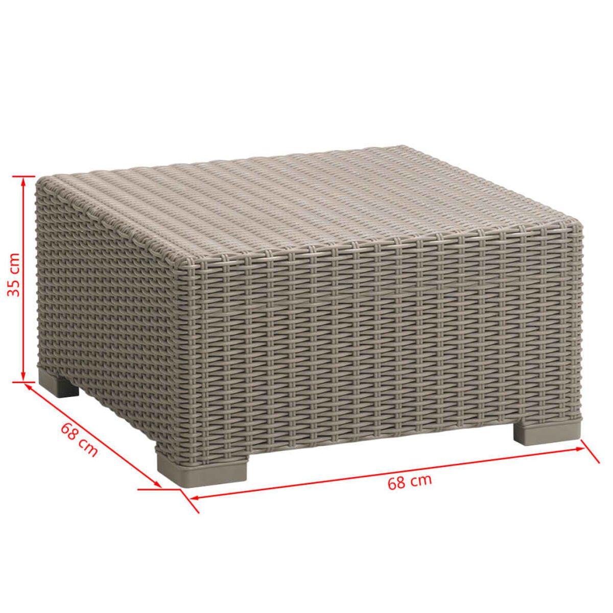 Tavolo quadrato da esterno in materiale grigio intrecciato. Gambe corte. Dimensioni.