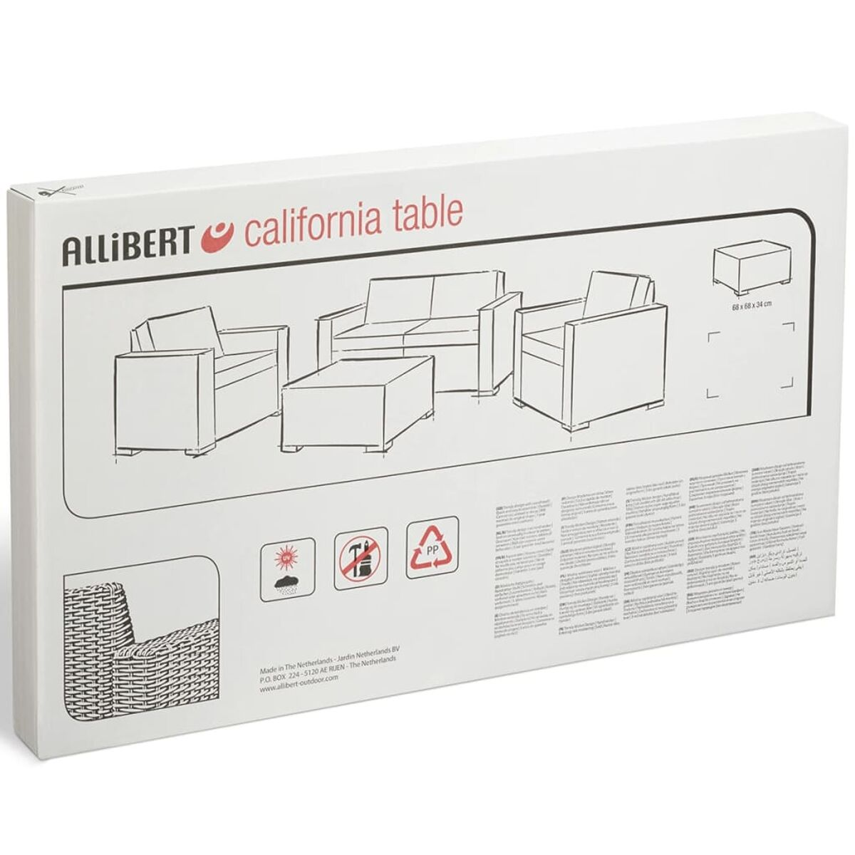 Karton für ein California-Tischset, mit Illustrationen von Möbeln und Sicherheitssymbolen. Weißer Hintergrund.