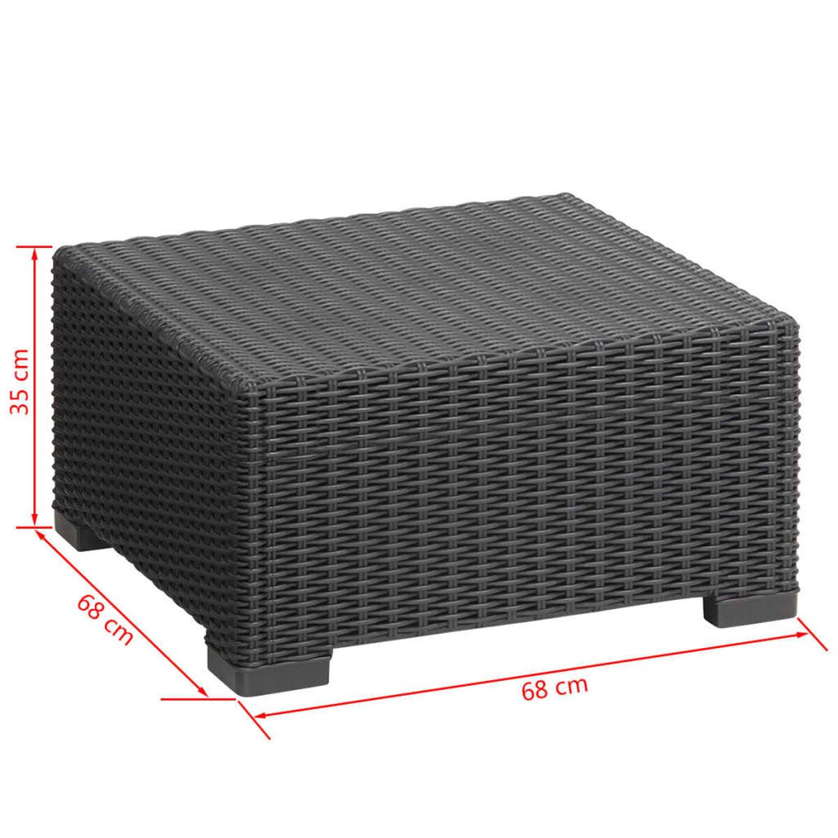 Schwarzer quadratischer Rattan-Couchtisch mit Abmessungen in cm.