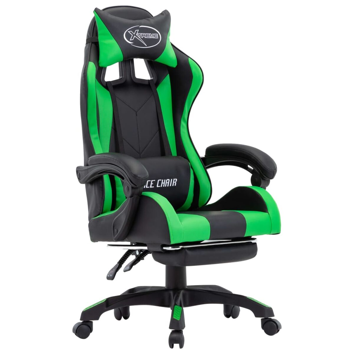 Gaming-Stuhl, schwarz und grün mit Kopfstütze. Weißer Hintergrund.