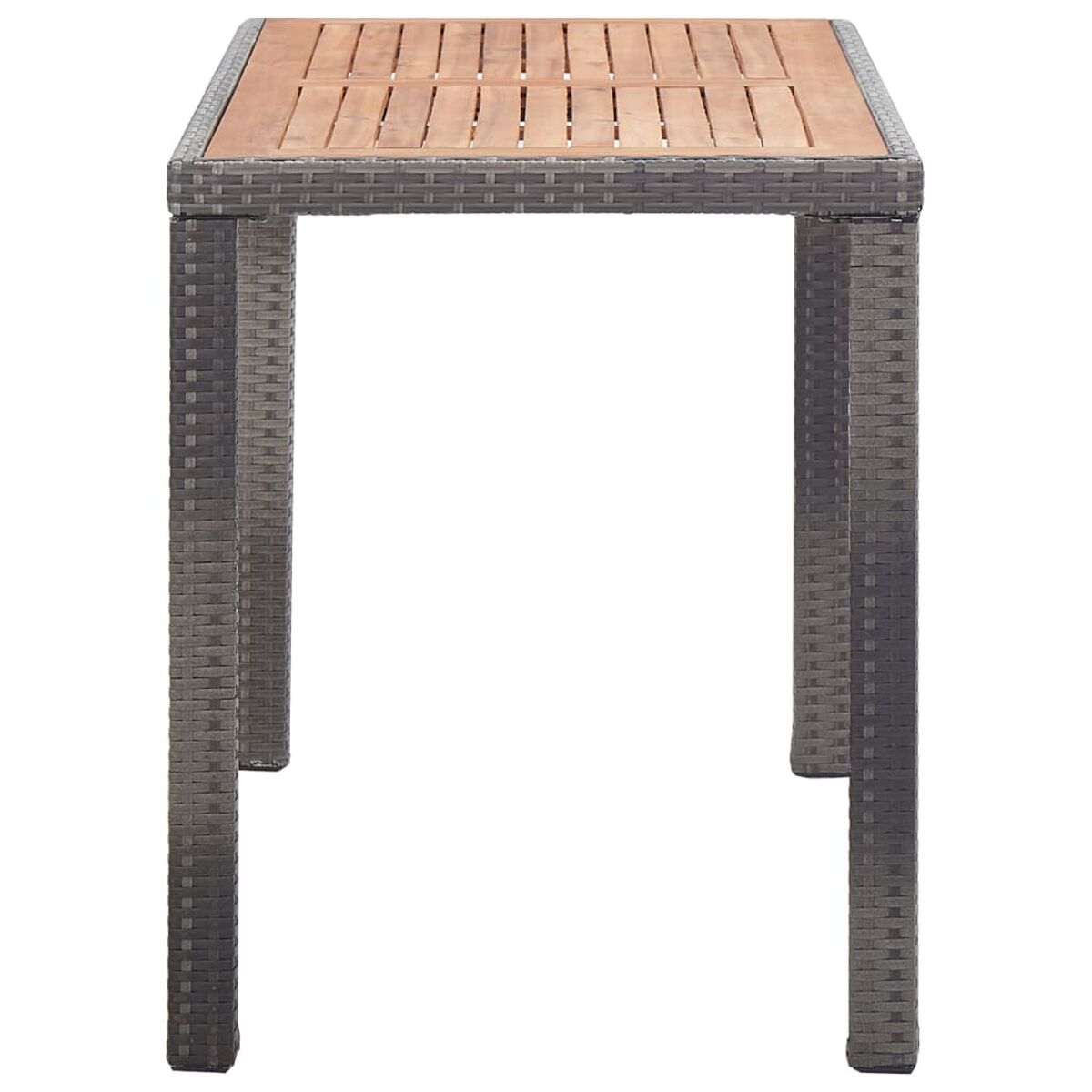 Ein quadratischer Tisch mit Holzplatte und grauen, gewebten Beinen.