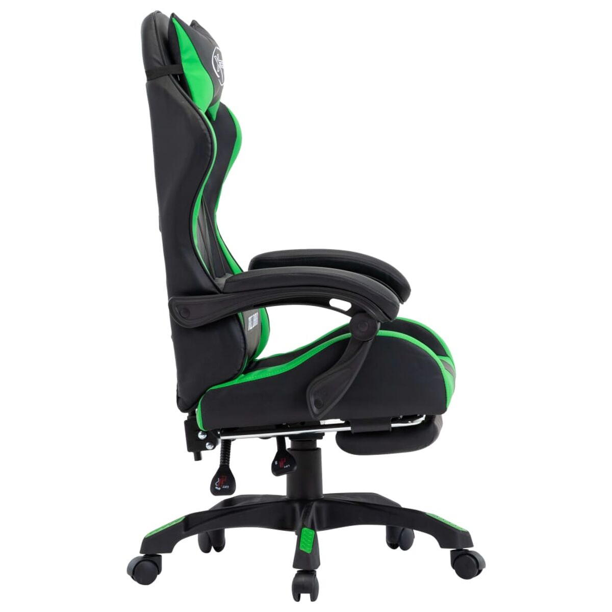 Schwarzer und grüner Gaming-Stuhl mit verstellbaren Funktionen, Seitenansicht.