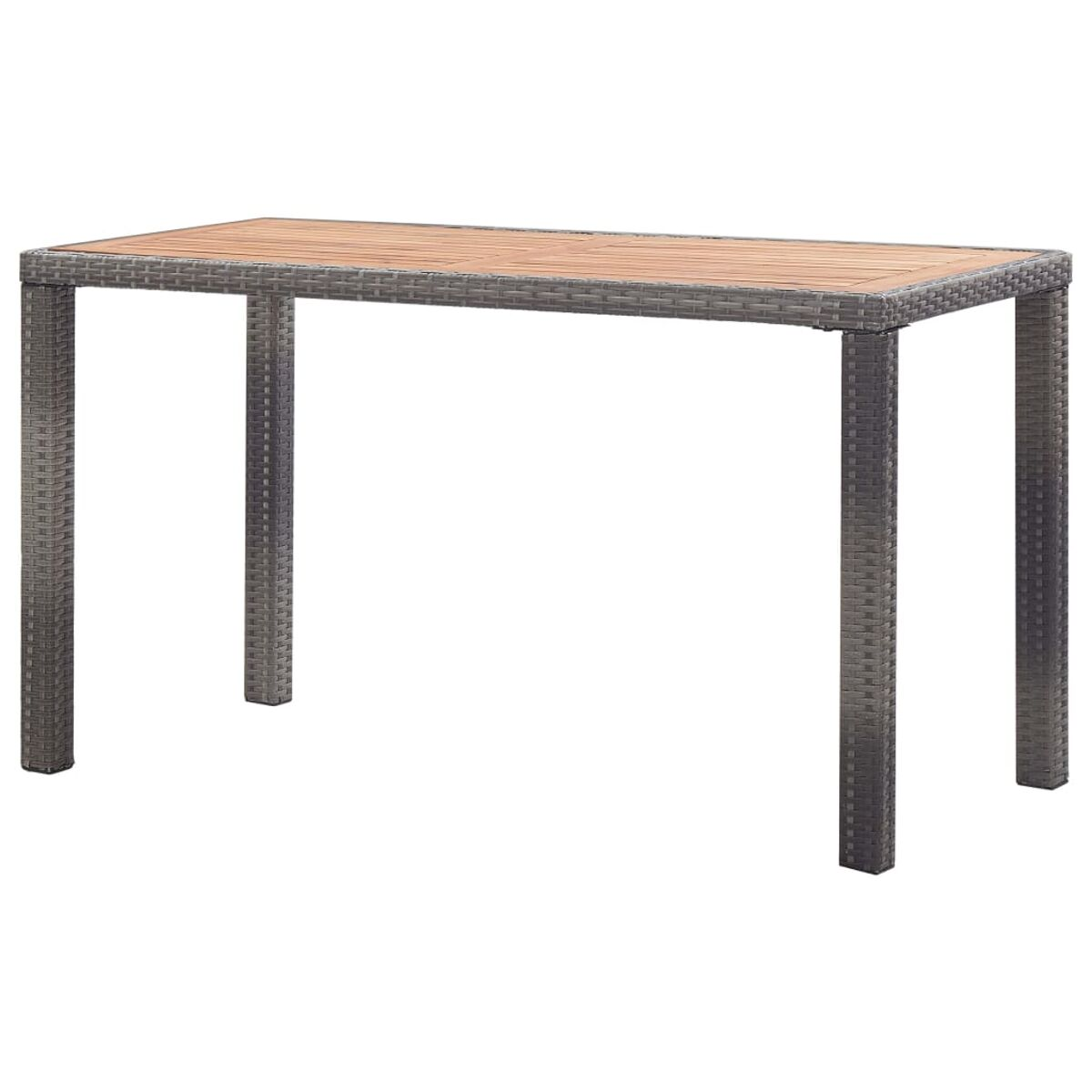 Ein rechteckiger Gartentisch mit brauner Holzplatte und grauem Rattanrahmen, von oben gesehen.