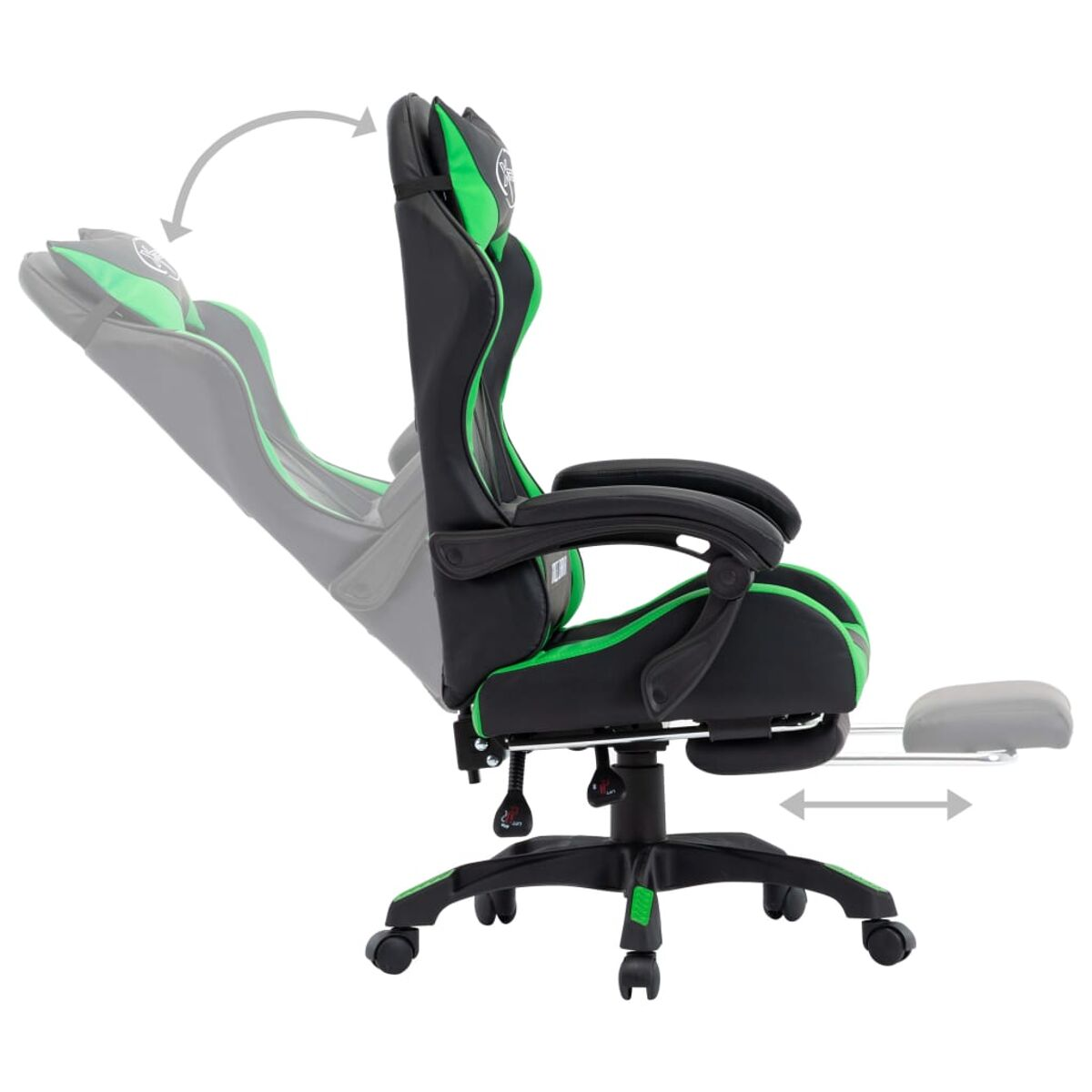 Gaming-Stuhl in Schwarz und Grün mit Liegefunktion, Beinauflage und Kopfstütze.