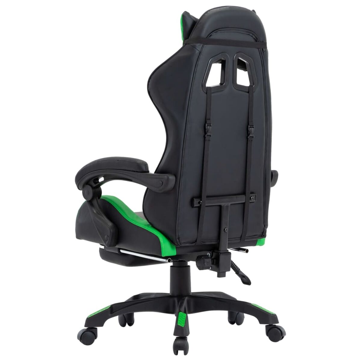 Ein schwarz-grüner Gaming-Stuhl von hinten betrachtet.