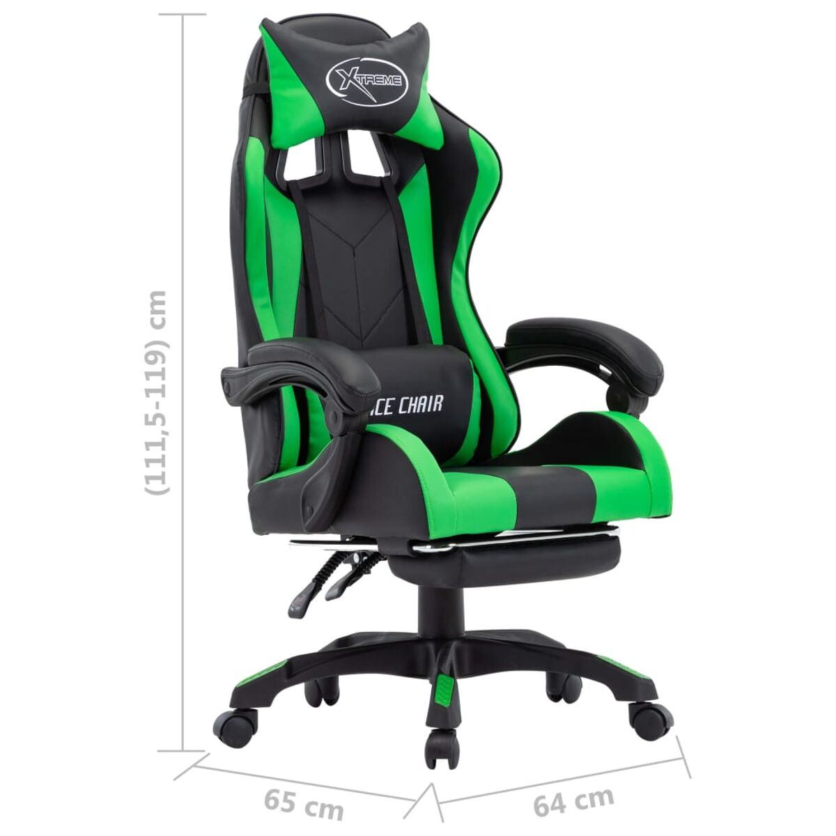 Grüner und schwarzer Gaming-Stuhl mit sichtbaren Abmessungen.