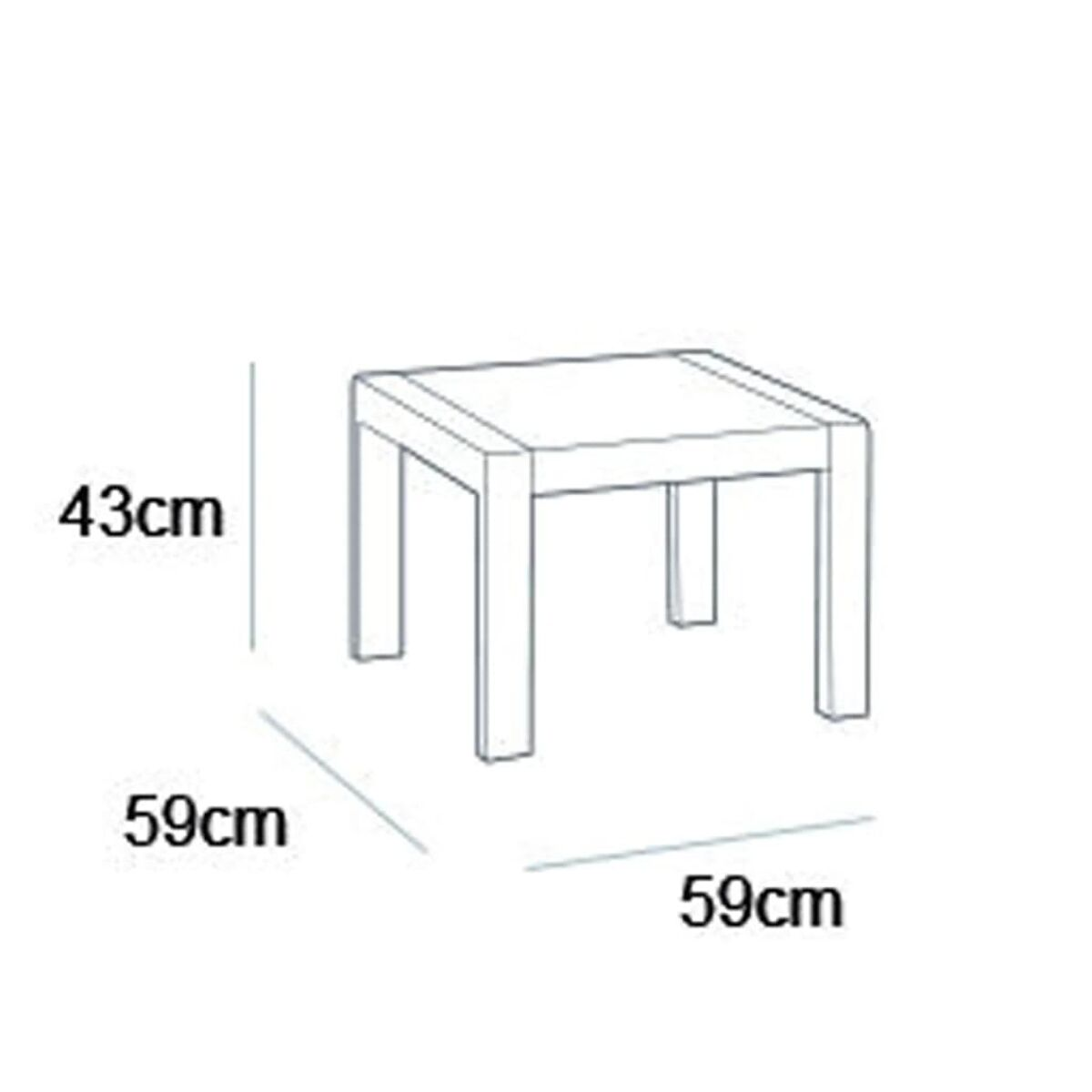 Kleiner quadratischer Tisch mit Maßen. Er hat vier Beine.