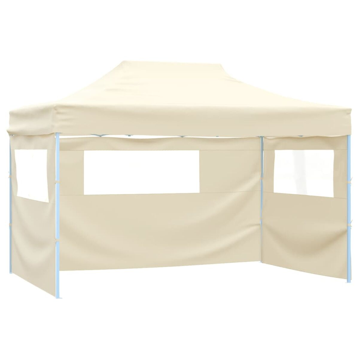 Beiges Pop-up-Zelt mit offenen Fenstern und weißem Hintergrund. Einfaches Design, Seitenansicht.