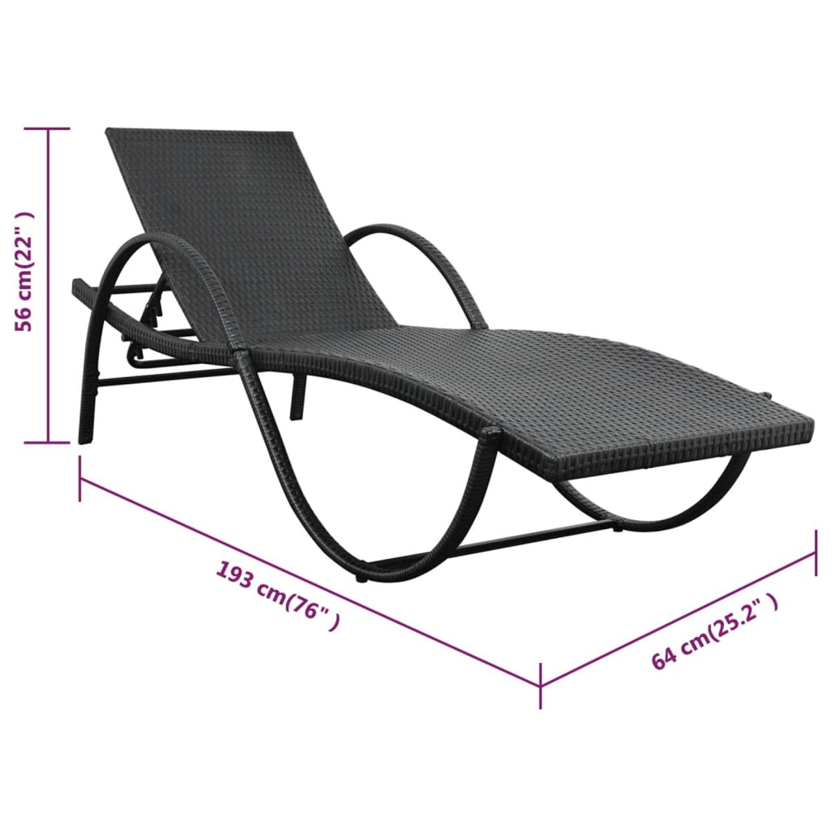 Schwarze Chaiselongue aus Korbgeflecht mit in cm angegebenen Abmessungen. Es hat ein geschwungenes Design.