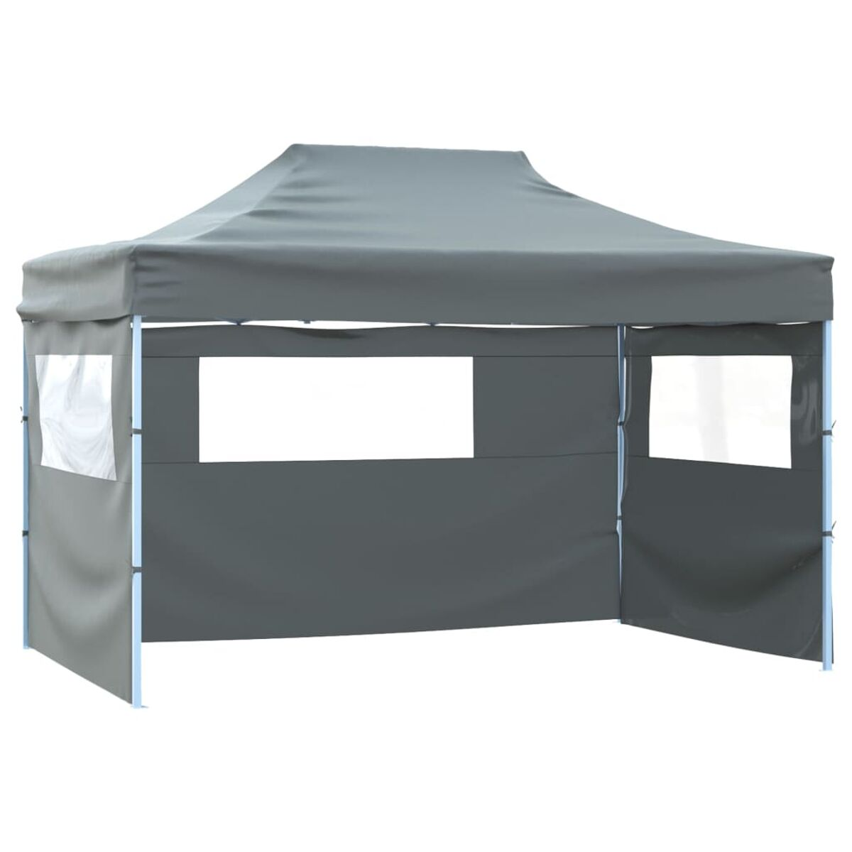 Grauer Pavillon mit Fenstern, im Freien aufgestellt. Verfügt über ein Spitzdach und offene Seiten.