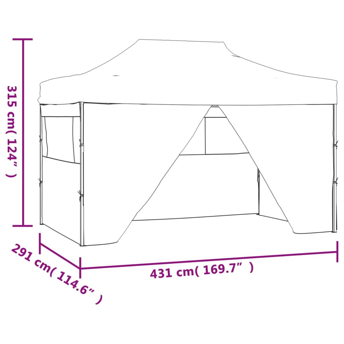 Ein weißer Pop-up-Pavillon mit Abmessungen, vor weißem Hintergrund.