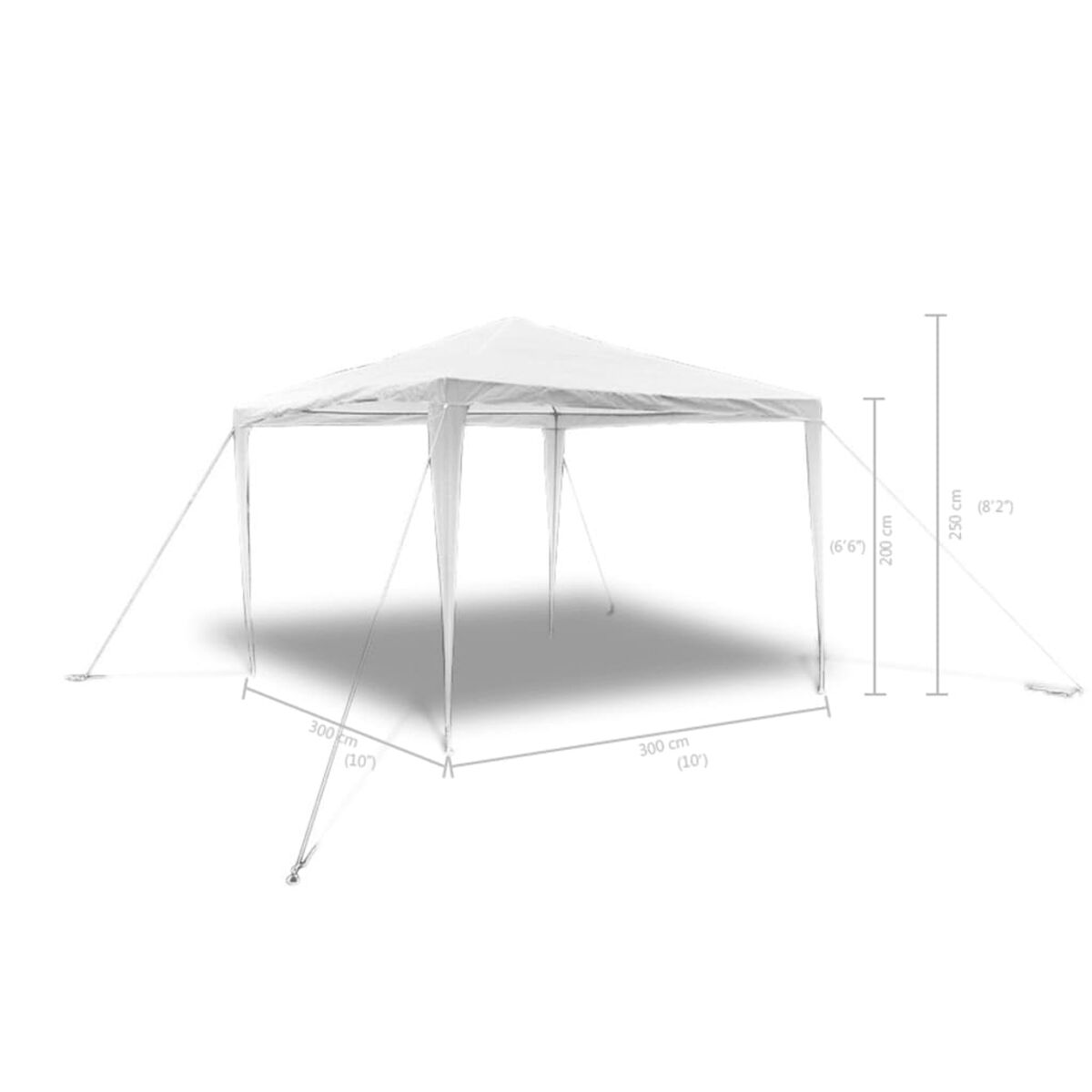 Weißer Pavillon mit Maßangaben. Er hat ein spitzes Dach und steht auf weißem Hintergrund.