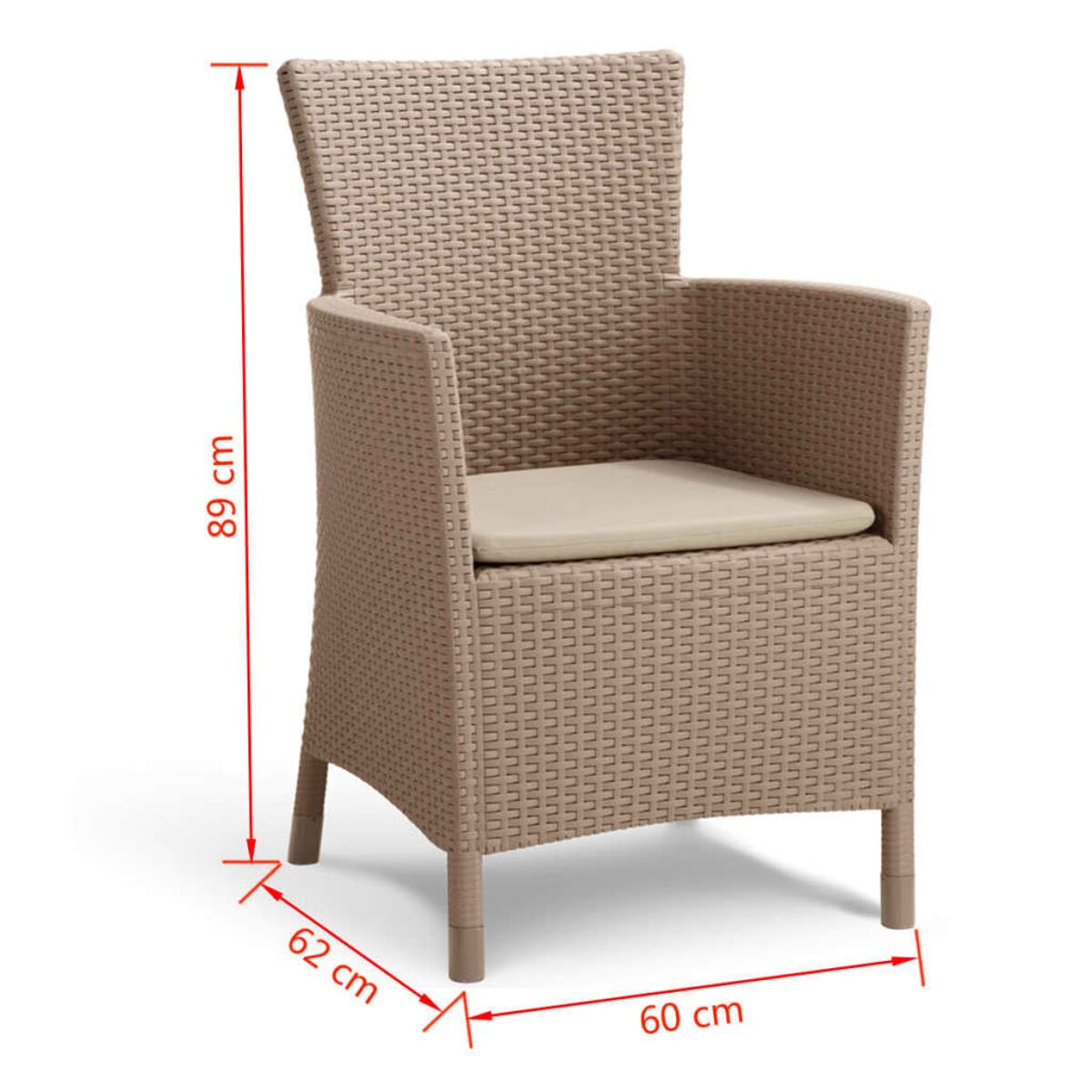 Sedia da esterno in vimini con braccioli e cuscino. Colore beige. Dimensioni.