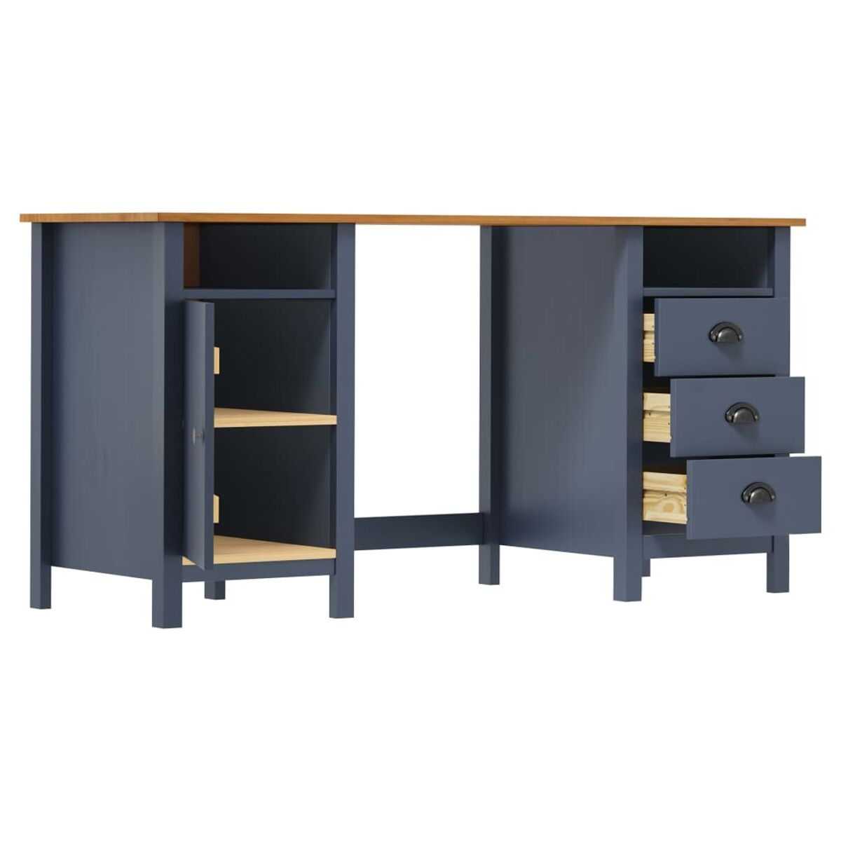 Blauer Schreibtisch mit Schubladen und Regalen. Helle Holzplatte.