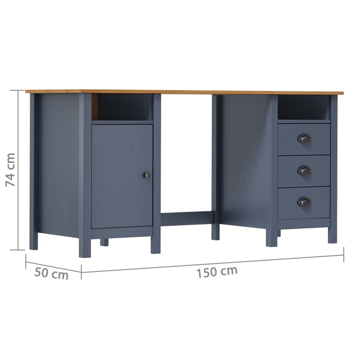 Blauer Holzschreibtisch mit Schubladen und Schrank, Abmessungen in cm.
