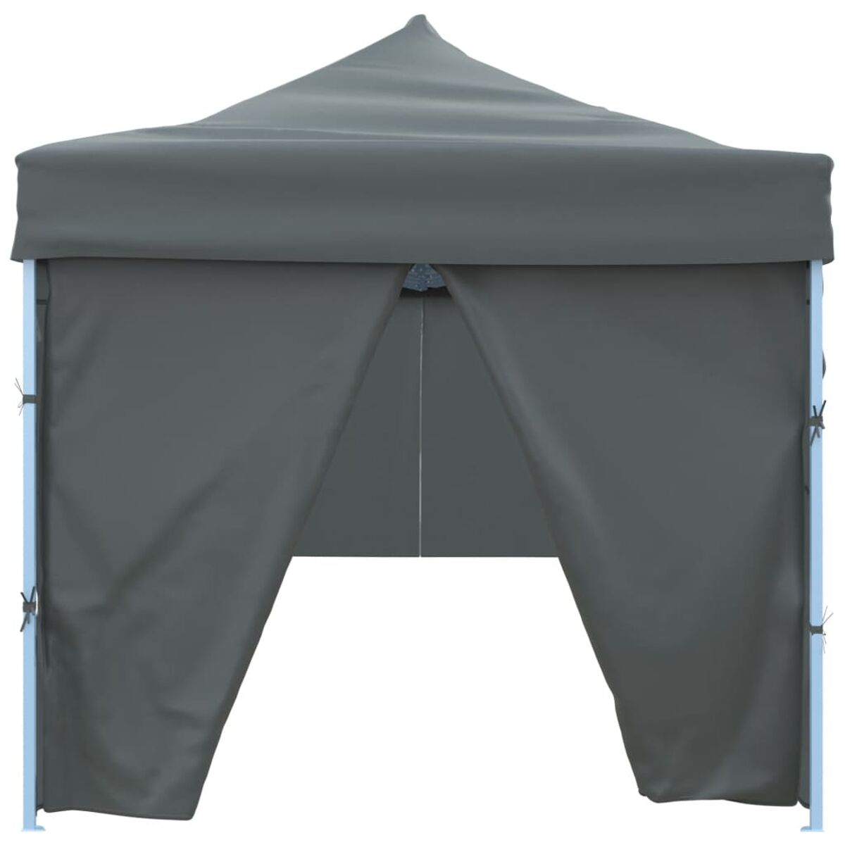 Ein grauer Pavillon mit grauem Dach und Seitenvorhängen vor weißem Hintergrund.