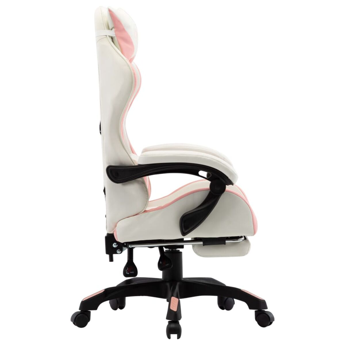 Weiß-rosa Gaming-Stuhl. Seitenansicht zeigt Armlehnen, Räder und verstellbare Funktionen.