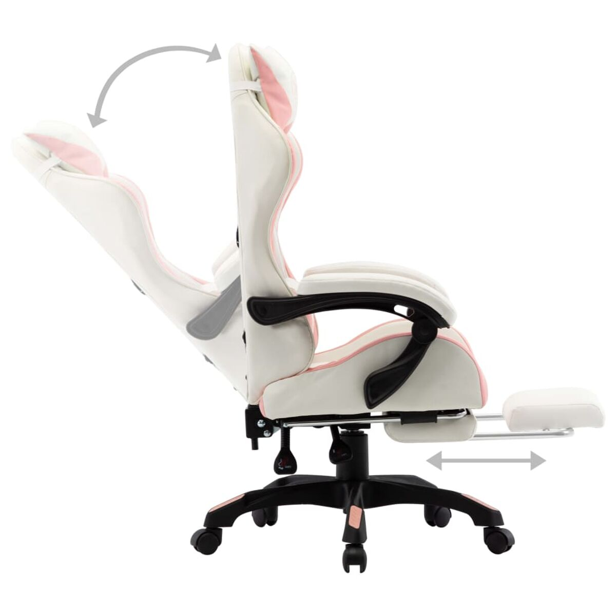 Ein weißer und rosa Gaming-Stuhl mit verstellbaren Funktionen, isoliert.