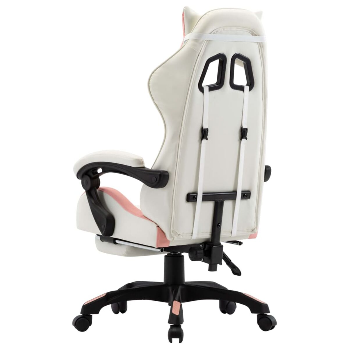Weißer und rosa Gaming-Stuhl mit Katzenohren-Design. Auf weißem Hintergrund.