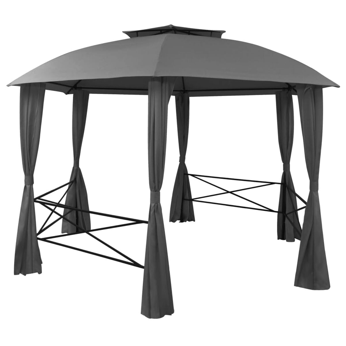 Ein grauer Pavillon mit einem Spitzdach und Stoffvorhängen. Er ist im Freien aufgebaut.