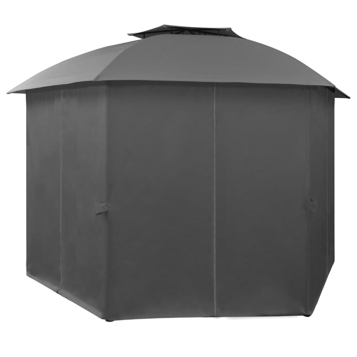 Grauer Pavillon mit spitzem Dach. Der Pavillon hat undurchsichtige Seiten und eine dunkle Oberseite.