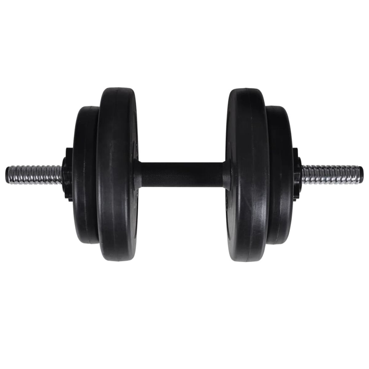 Schwarze Hantel mit Gewichtsplatten auf weißem Hintergrund. Metallgriff und Platten.