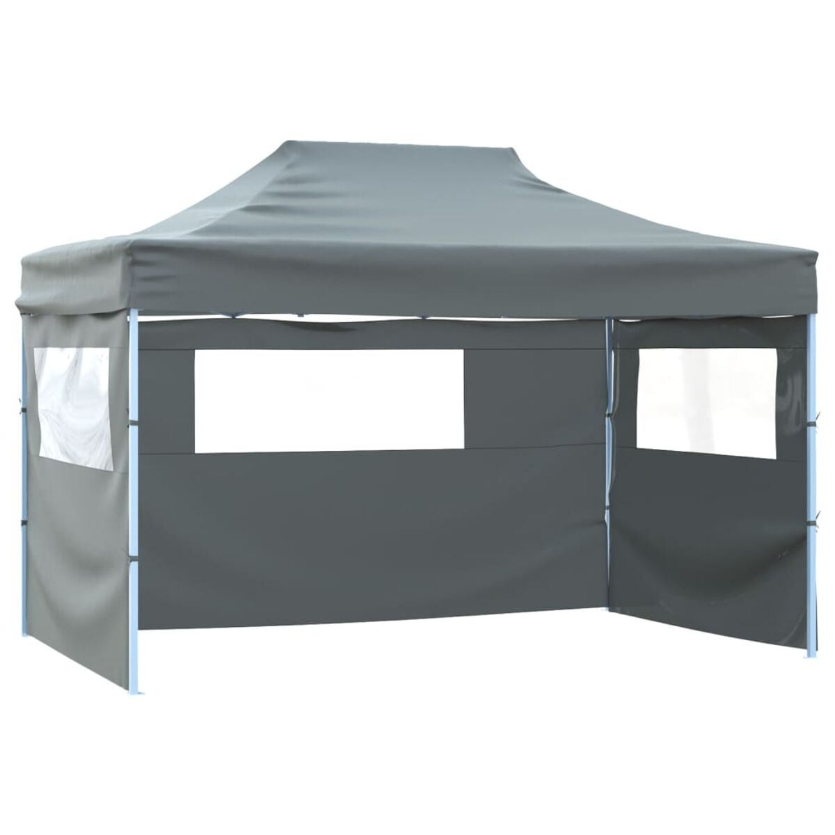 Ein grauer Pop-up-Pavillon mit weiß gerahmten Fenstern.